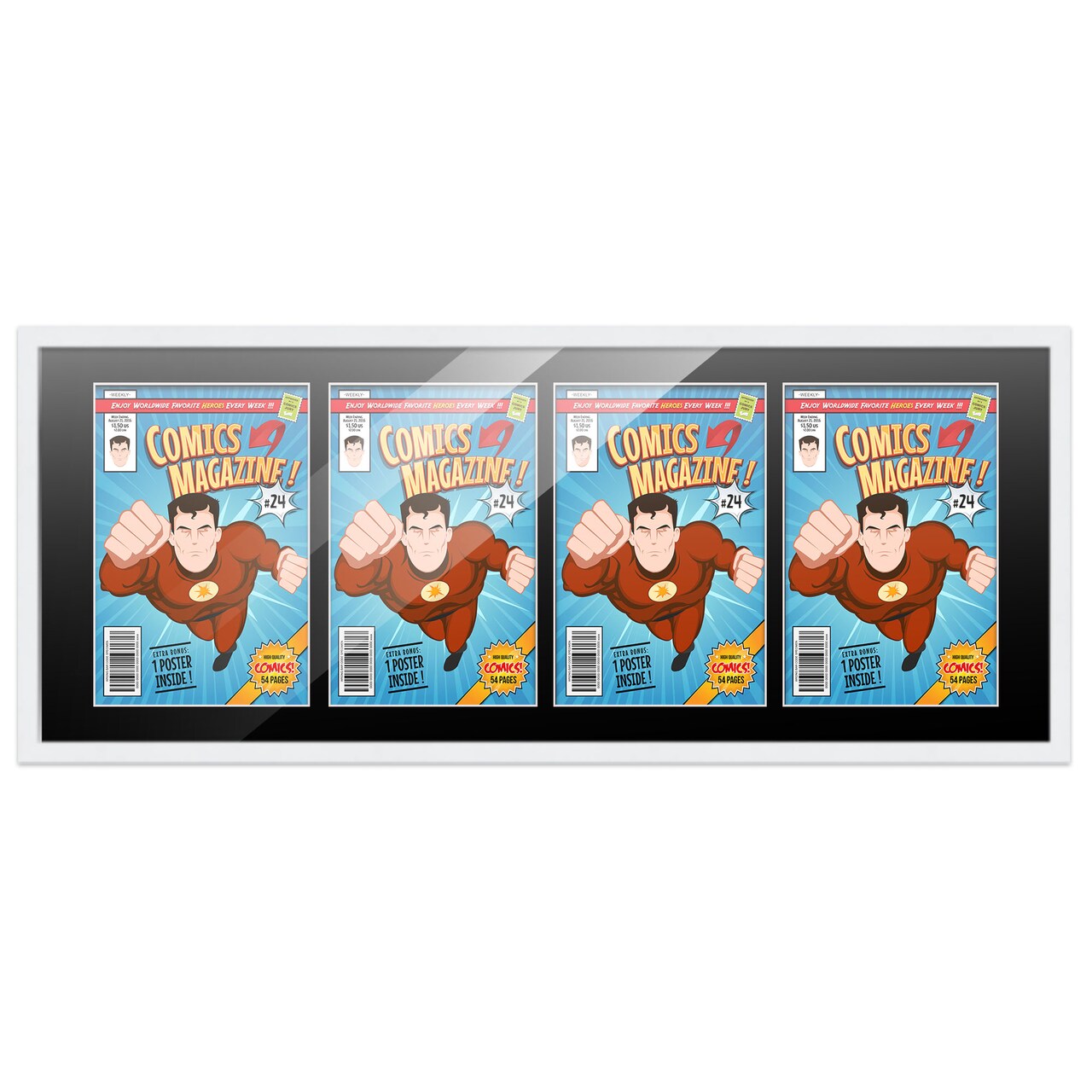 Comic Book Frame with Mat for 4 Current Era Comics Published After 1985 - White Wood Comic Frame With Black Mat for 6.875x10.5 Comics - 37.5x14 Frame Size
